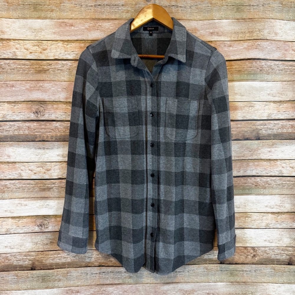 Quince Women's Gray Buffalo Plaid Check Stretch Sweater Fleece Shirt Size Medium